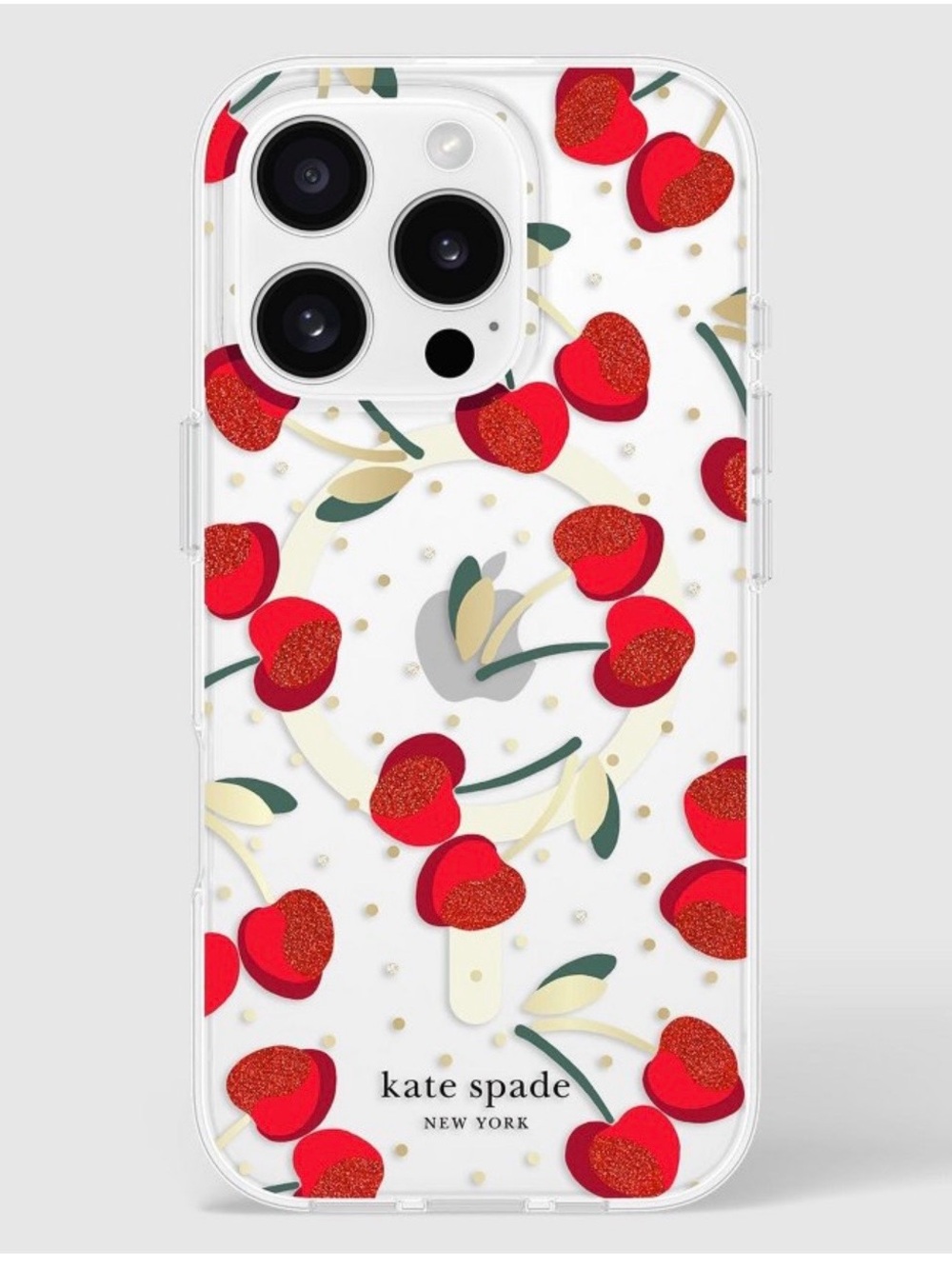 kate spade New York Clear Cherry Phone Case Red/Gold GLITTER 16 IPHONE PRO Max